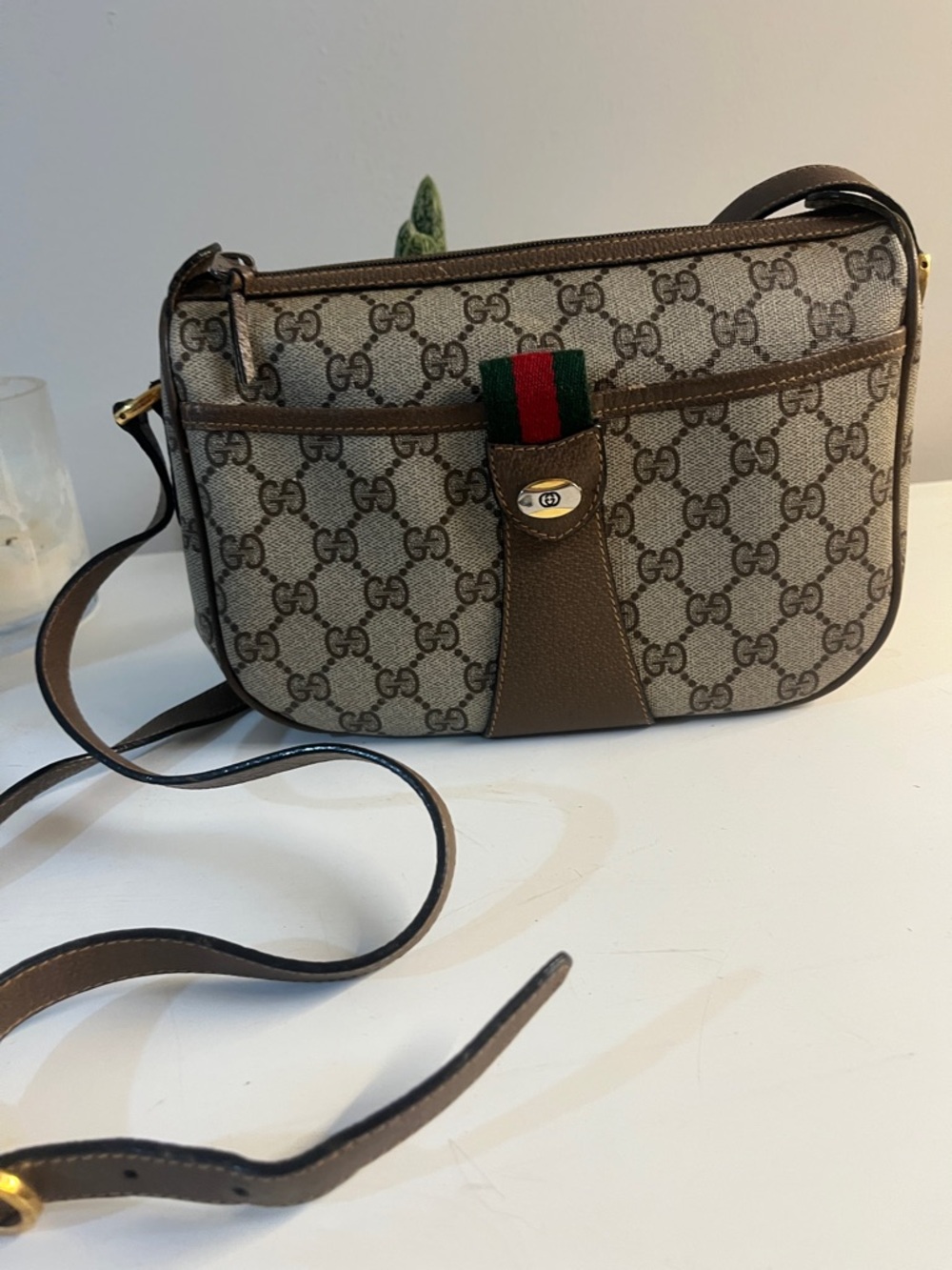Gucci Beige GG Supreme Canvas Crossbody with Brown Leather and Green-Red Web